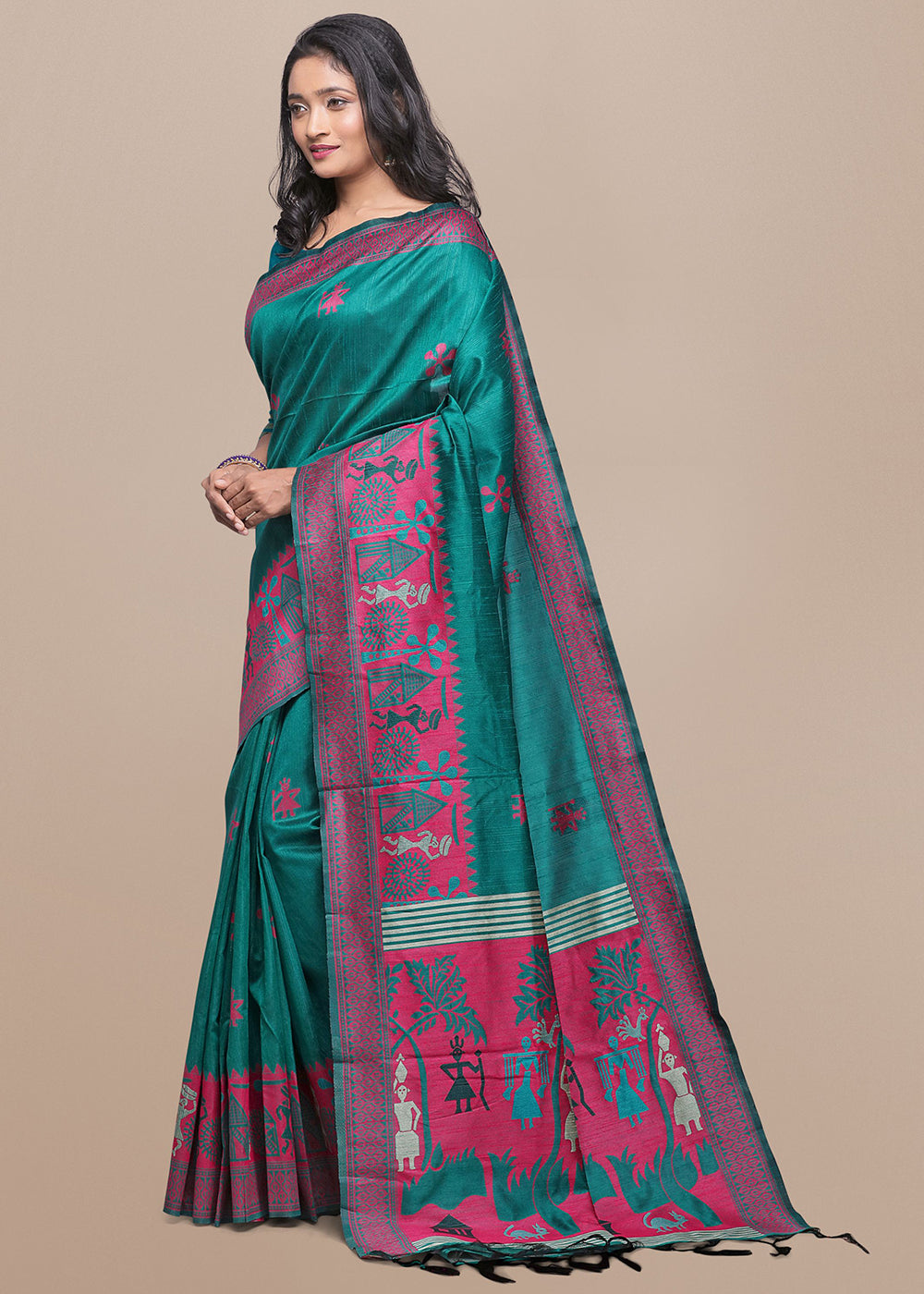 Rama Green Raw Silk Saree Featuring Kalamkari Artwork