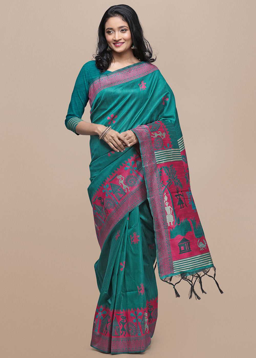 Rama Green Raw Silk Saree Featuring Kalamkari Artwork