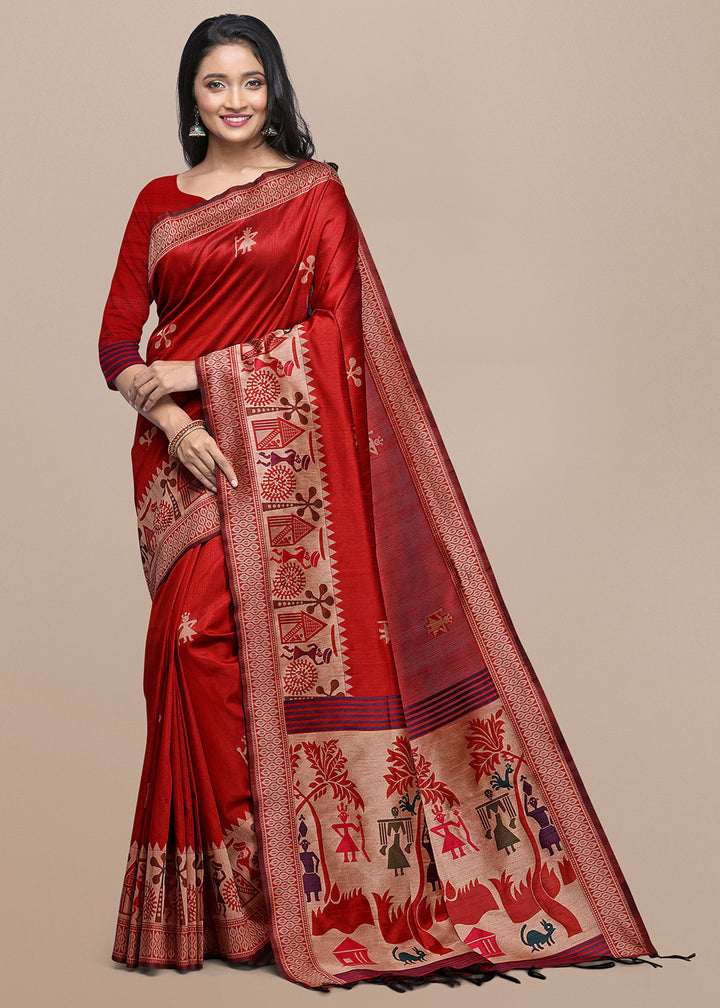 Crimson Red Raw Silk Saree Featuring Kalamkari Artwork