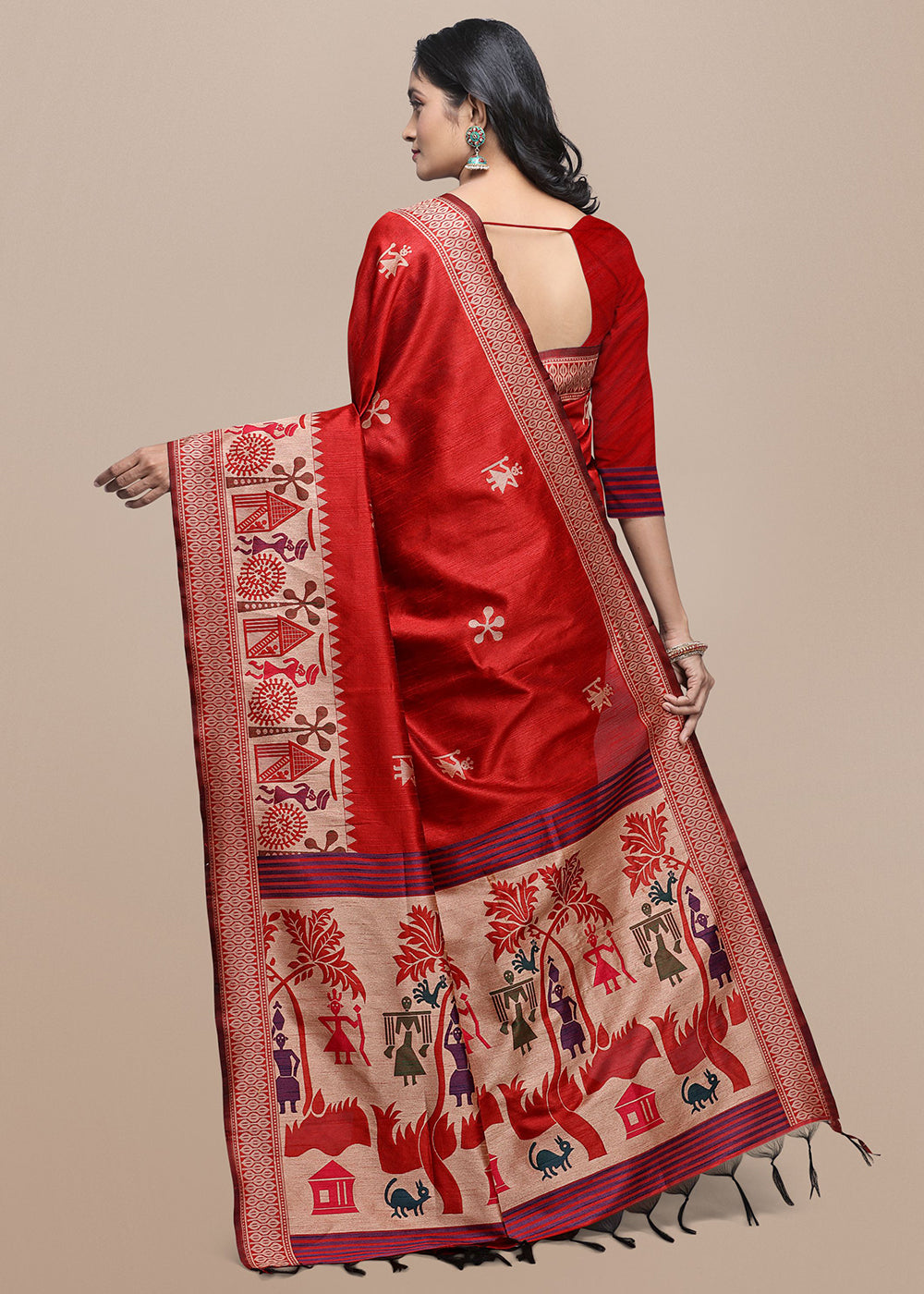 Crimson Red Raw Silk Saree Featuring Kalamkari Artwork