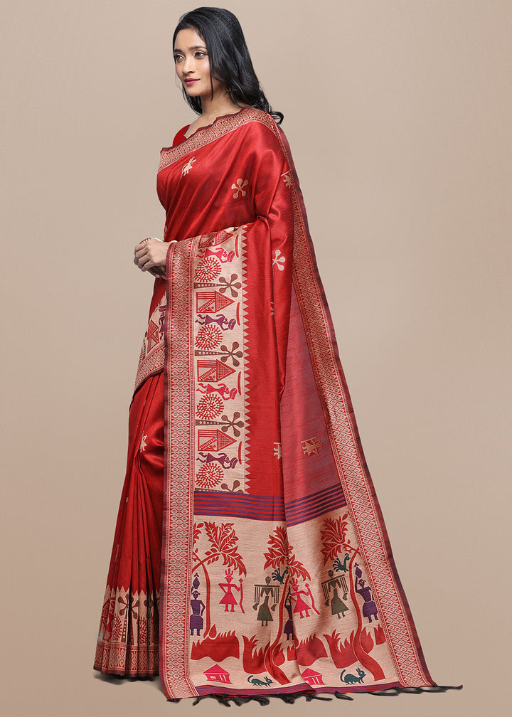 Crimson Red Raw Silk Saree Featuring Kalamkari Artwork