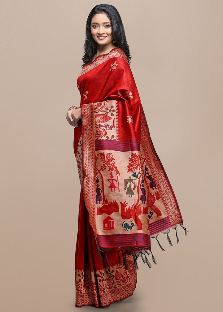 Crimson Red Raw Silk Saree Featuring Kalamkari Artwork