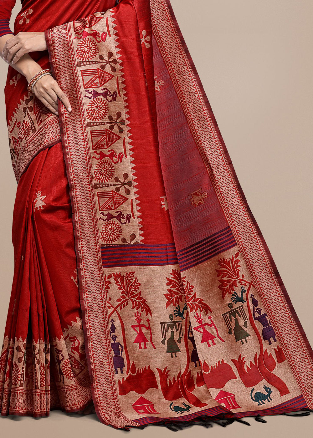 Crimson Red Raw Silk Saree Featuring Kalamkari Artwork