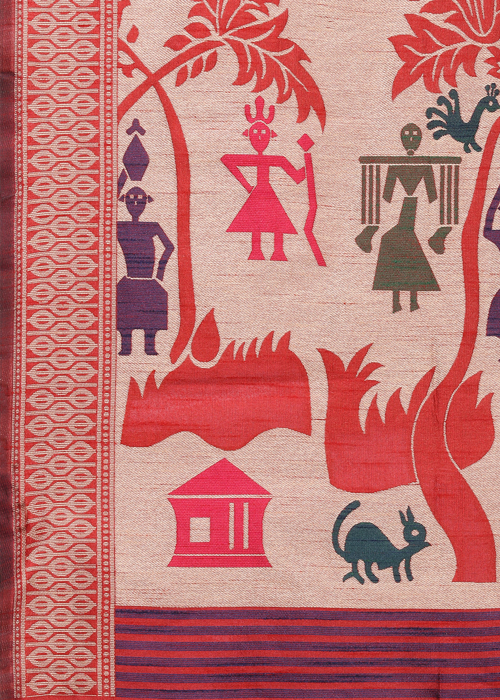 Crimson Red Raw Silk Saree Featuring Kalamkari Artwork