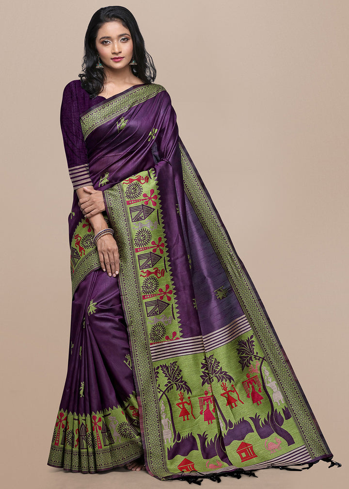 True Purple Raw Silk Saree Featuring Kalamkari Artwork