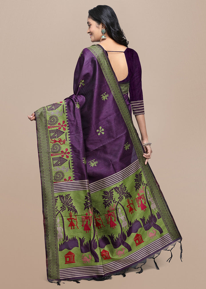 True Purple Raw Silk Saree Featuring Kalamkari Artwork