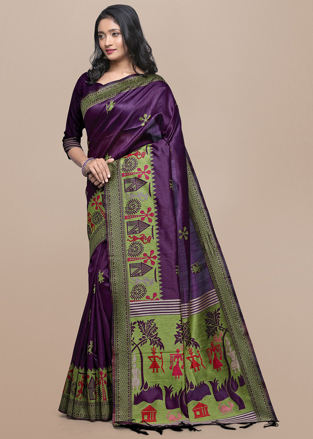 True Purple Raw Silk Saree Featuring Kalamkari Artwork