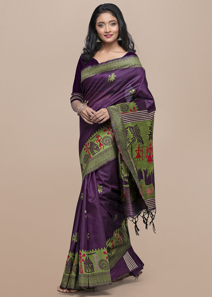 True Purple Raw Silk Saree Featuring Kalamkari Artwork