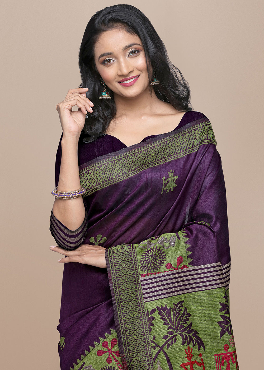 True Purple Raw Silk Saree Featuring Kalamkari Artwork