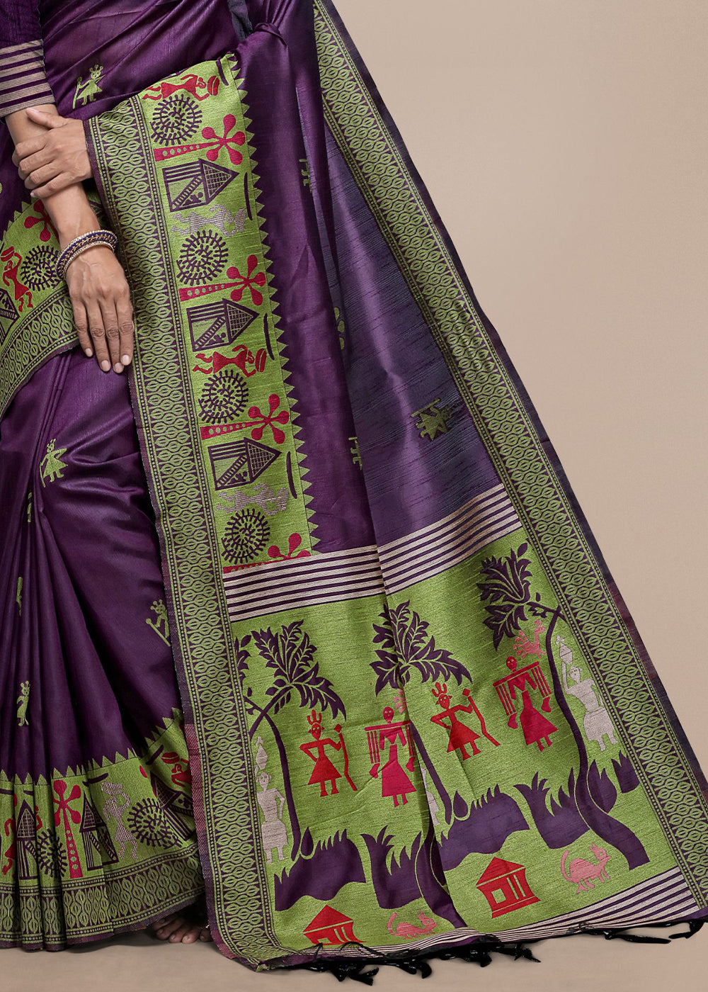 True Purple Raw Silk Saree Featuring Kalamkari Artwork