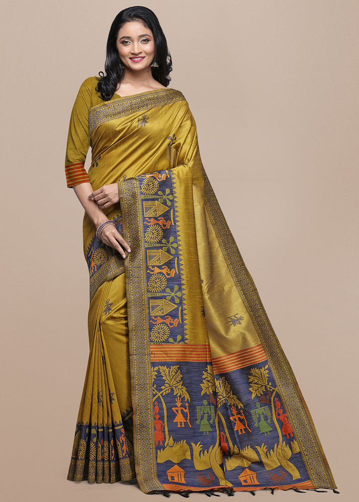 Mustard Yellow Raw Silk Saree Featuring Kalamkari Artwork