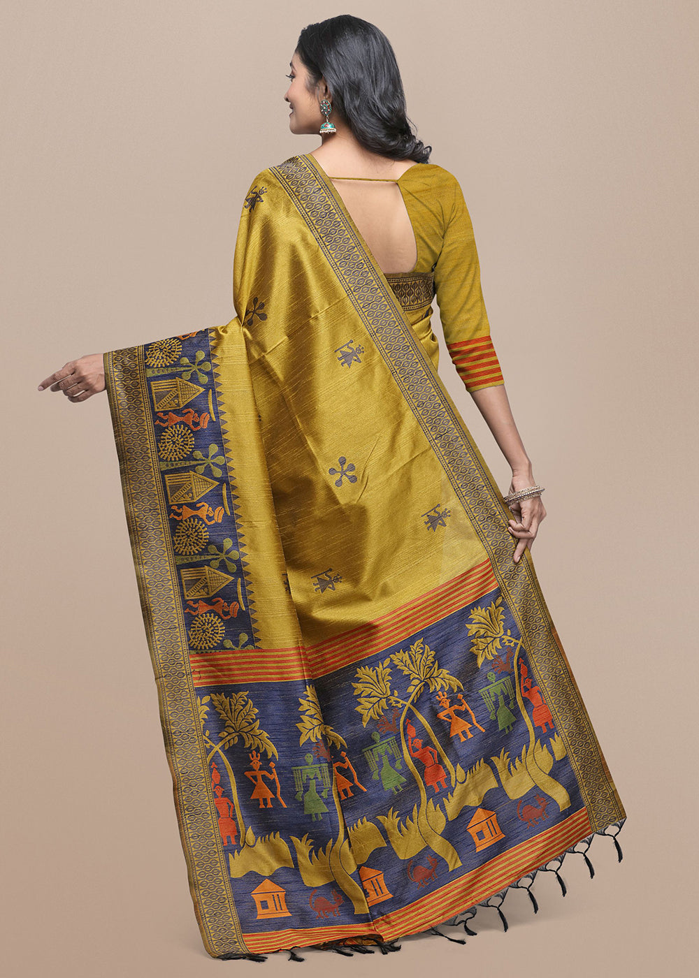 Mustard Yellow Raw Silk Saree Featuring Kalamkari Artwork