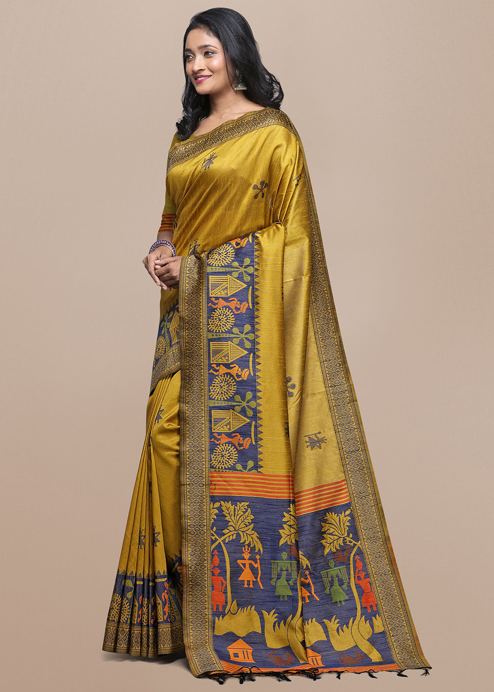 Mustard Yellow Raw Silk Saree Featuring Kalamkari Artwork