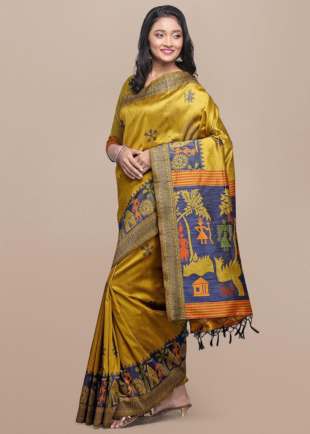 Mustard Yellow Raw Silk Saree Featuring Kalamkari Artwork