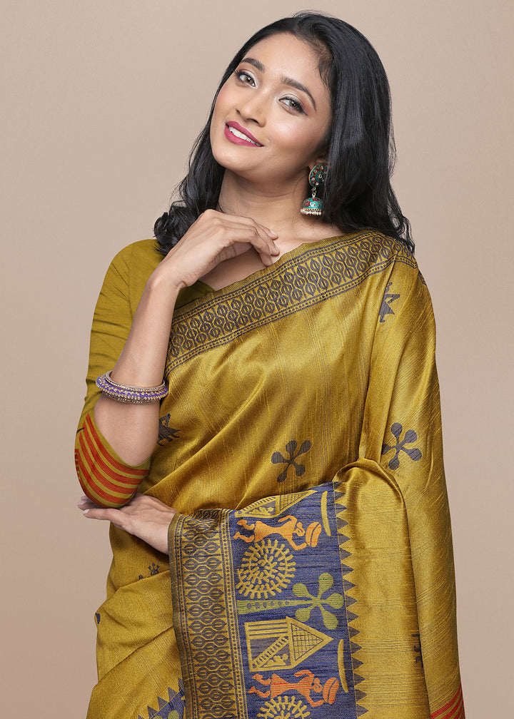 Mustard Yellow Raw Silk Saree Featuring Kalamkari Artwork