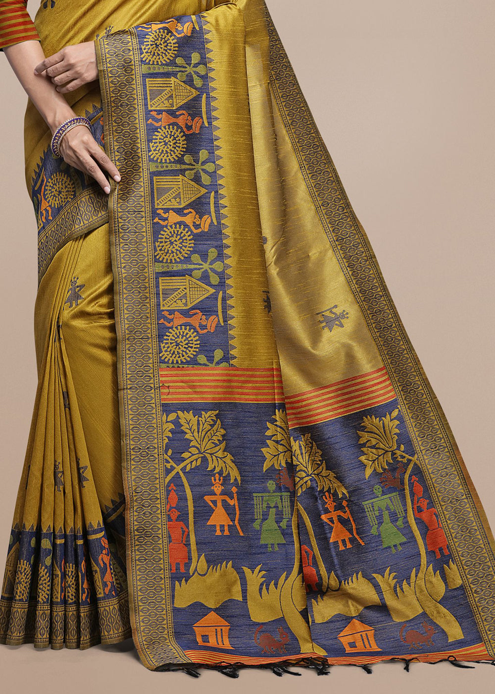 Mustard Yellow Raw Silk Saree Featuring Kalamkari Artwork