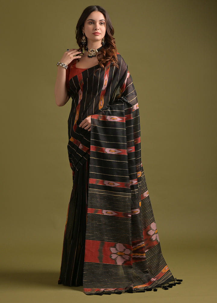 Pebble Black Cotton Ikkat Saree – Soft, Stylish, and Summer-Friendly