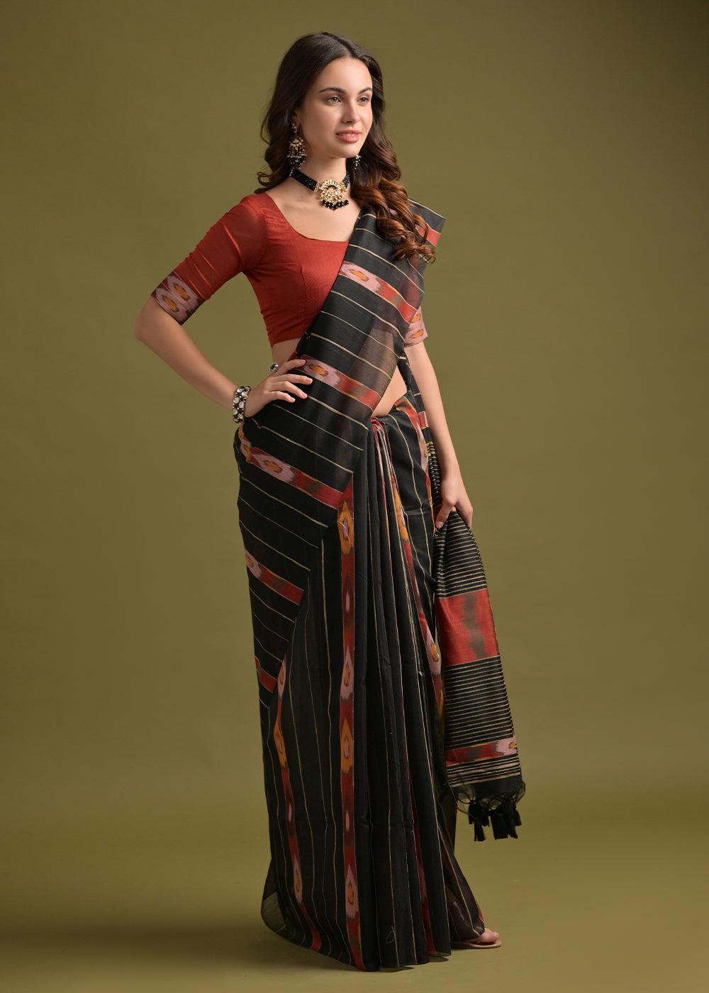 Pebble Black Cotton Ikkat Saree – Soft, Stylish, and Summer-Friendly