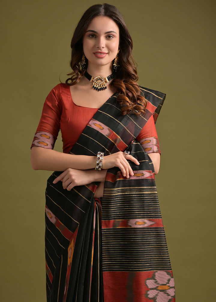 Pebble Black Cotton Ikkat Saree – Soft, Stylish, and Summer-Friendly