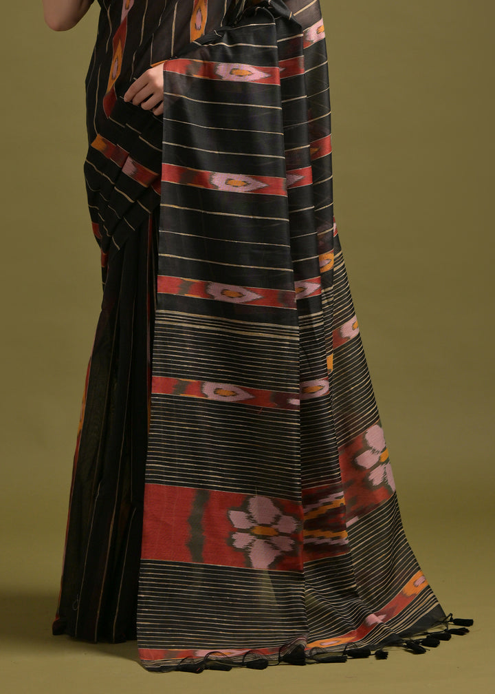 Pebble Black Cotton Ikkat Saree – Soft, Stylish, and Summer-Friendly