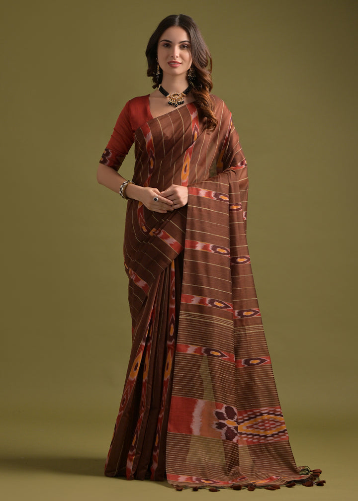 Coffee Brown Cotton Ikkat Saree – Soft, Stylish, and Summer-Friendly