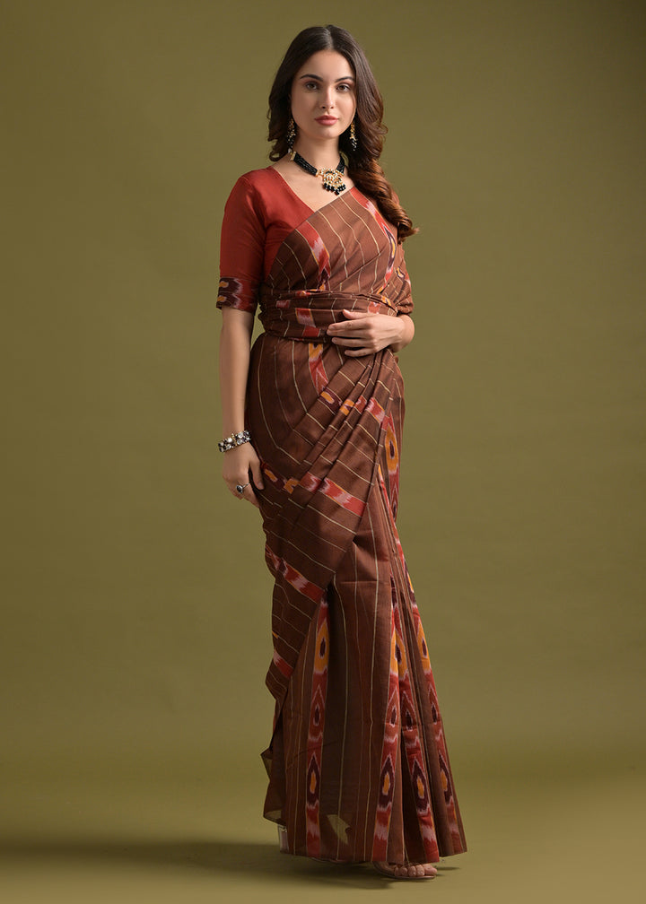 Coffee Brown Cotton Ikkat Saree – Soft, Stylish, and Summer-Friendly