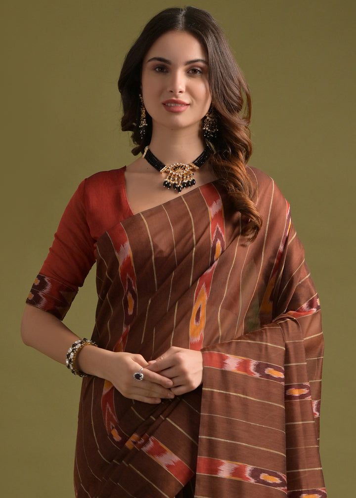 Coffee Brown Cotton Ikkat Saree – Soft, Stylish, and Summer-Friendly