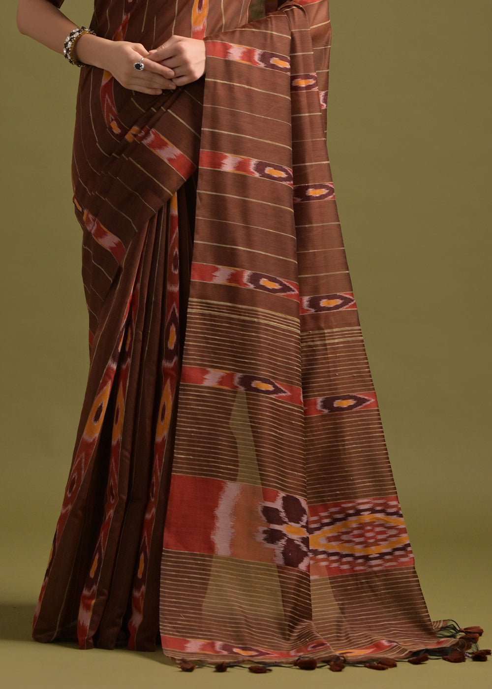 Coffee Brown Cotton Ikkat Saree – Soft, Stylish, and Summer-Friendly