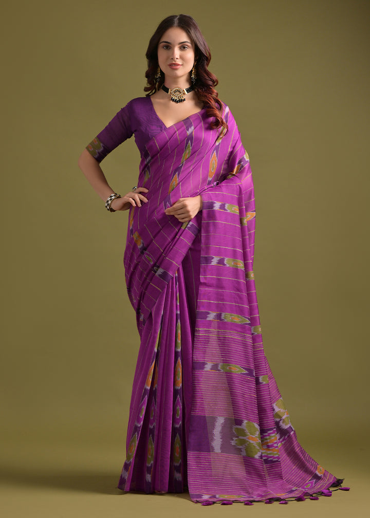 Royal Purple Pink Cotton Ikkat Saree – Soft, Stylish, and Summer-Friendly