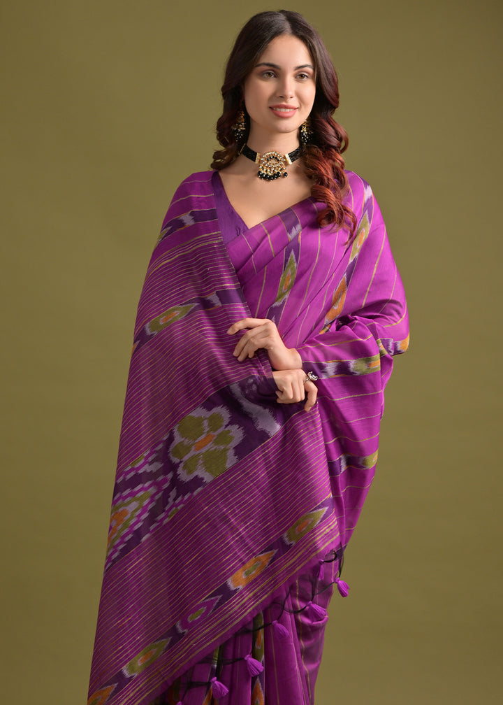 Royal Purple Pink Cotton Ikkat Saree – Soft, Stylish, and Summer-Friendly