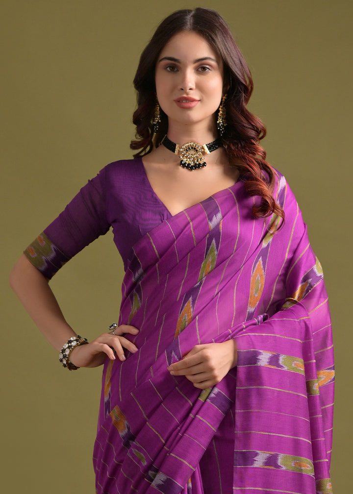 Royal Purple Pink Cotton Ikkat Saree – Soft, Stylish, and Summer-Friendly