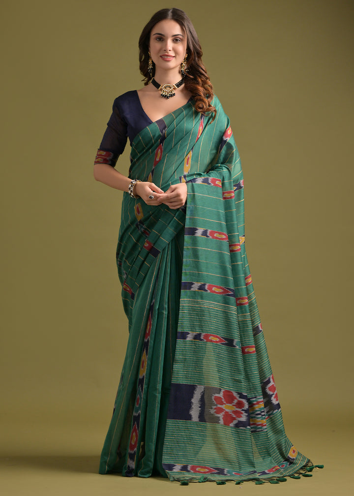 Rama Green Cotton Ikkat Saree – Soft, Stylish, and Summer-Friendly