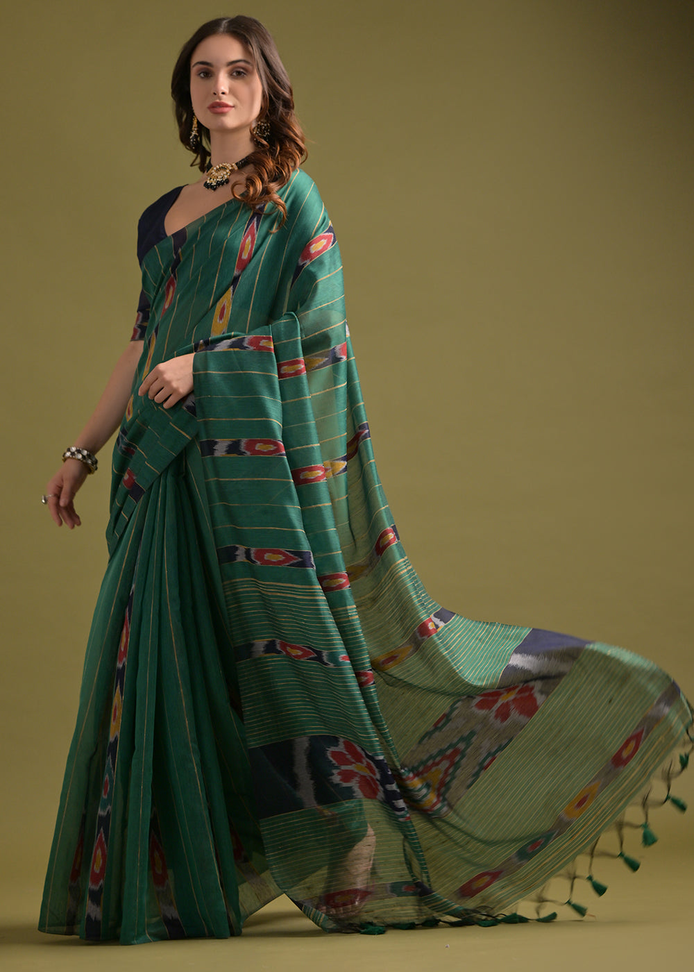 Rama Green Cotton Ikkat Saree – Soft, Stylish, and Summer-Friendly