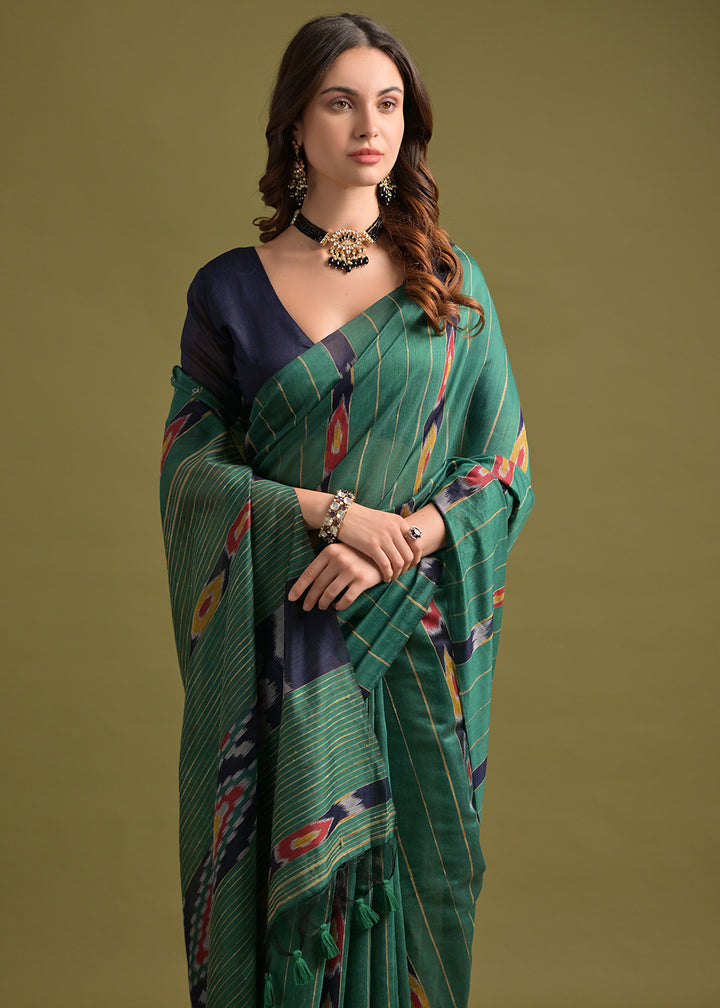 Rama Green Cotton Ikkat Saree – Soft, Stylish, and Summer-Friendly