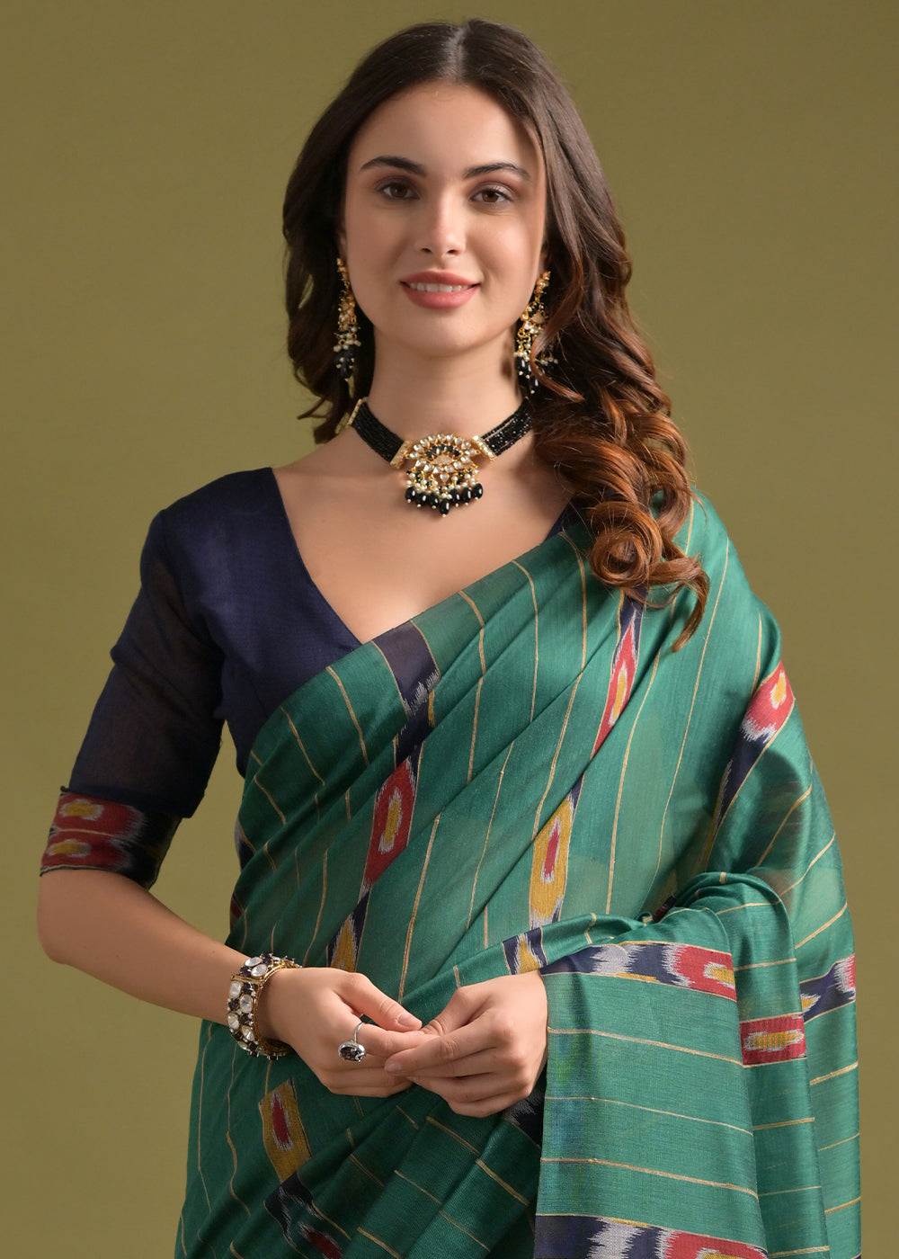 Rama Green Cotton Ikkat Saree – Soft, Stylish, and Summer-Friendly