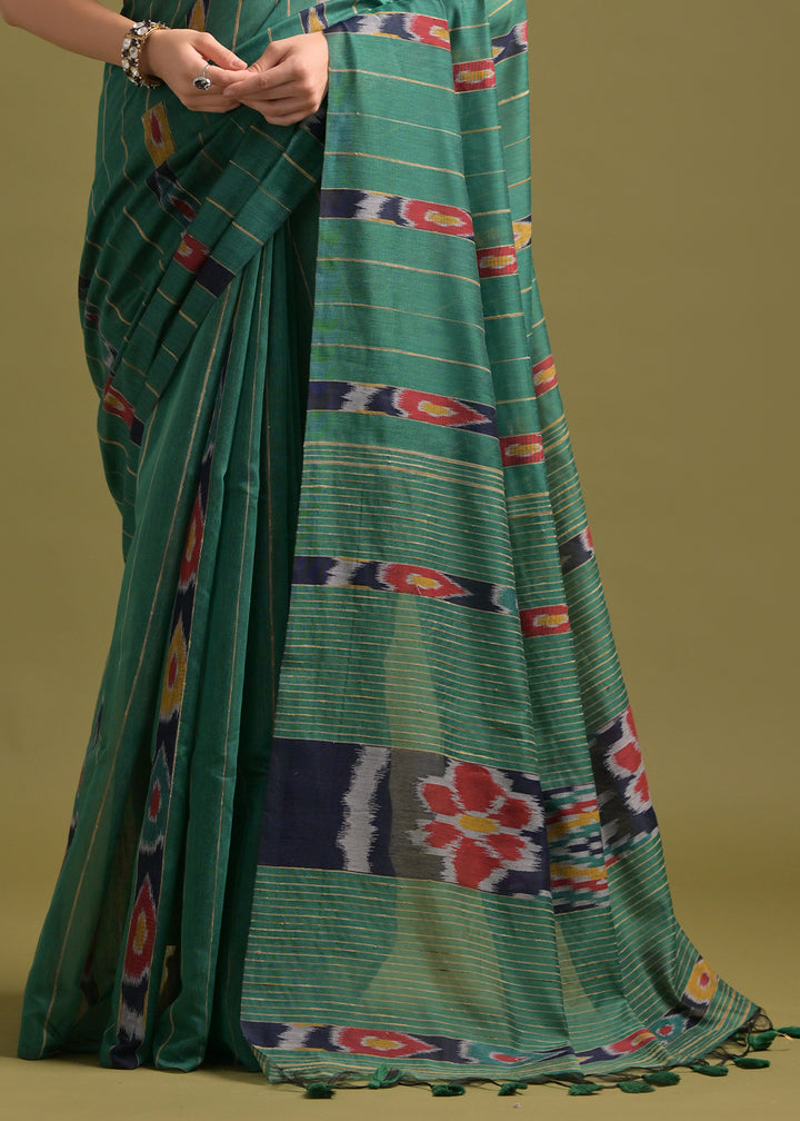 Rama Green Cotton Ikkat Saree – Soft, Stylish, and Summer-Friendly