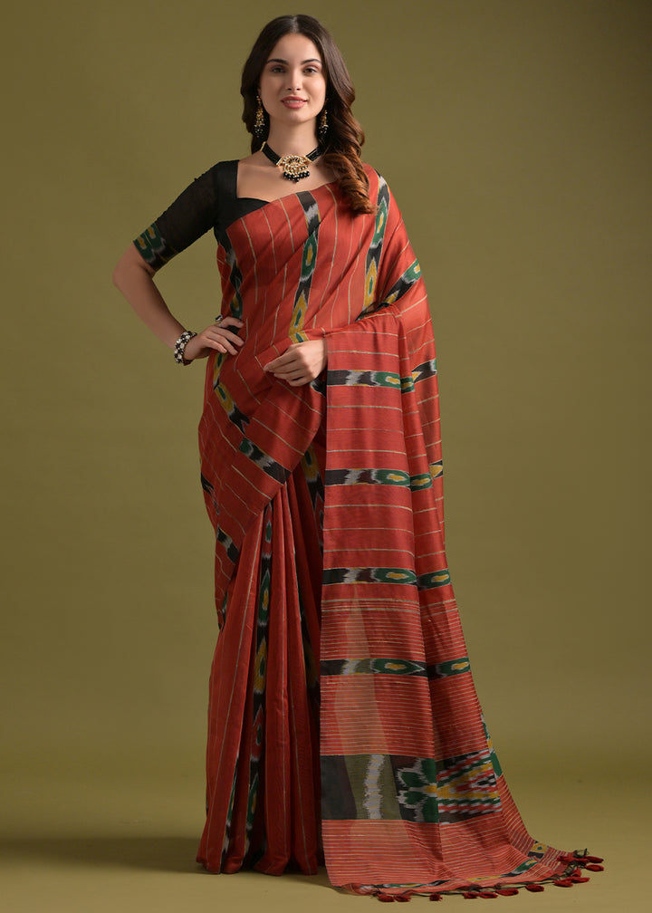 Persian Red Cotton Ikkat Saree – Soft, Stylish, and Summer-Friendly