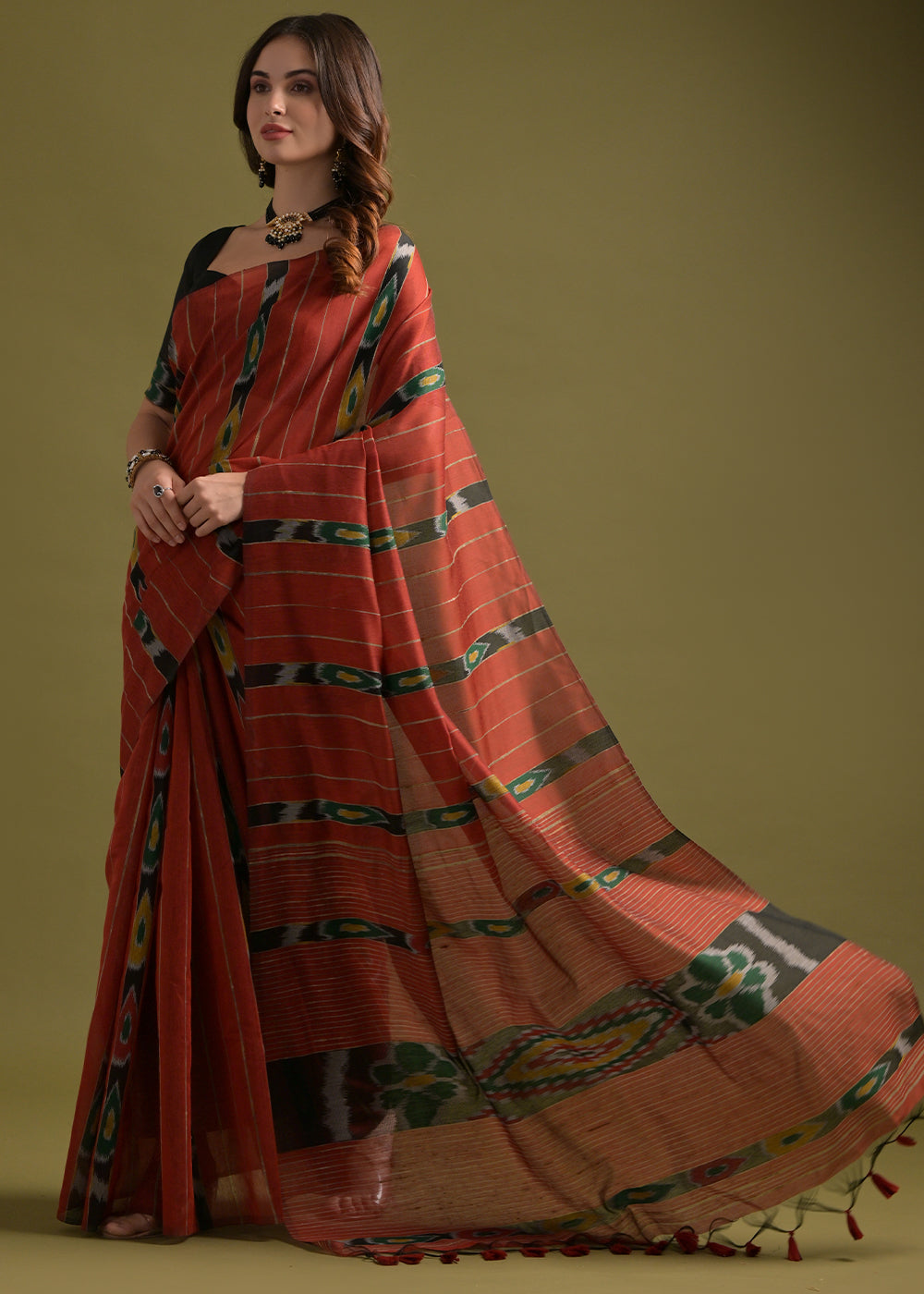 Persian Red Cotton Ikkat Saree – Soft, Stylish, and Summer-Friendly