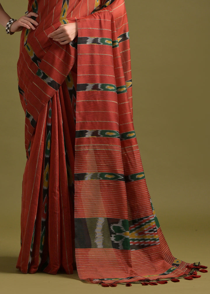 Persian Red Cotton Ikkat Saree – Soft, Stylish, and Summer-Friendly