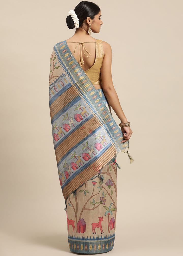 Beige Brown and Blue Soft Tussar Silk Saree with Kalamkari Art Prints