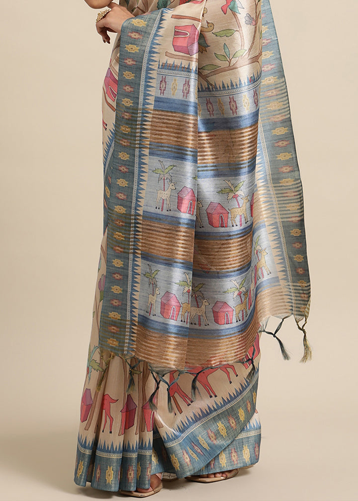 Beige Brown and Blue Soft Tussar Silk Saree with Kalamkari Art Prints