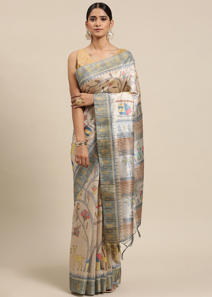 Beige Brown and Grey Soft Tussar Silk Saree with Kalamkari Art Prints