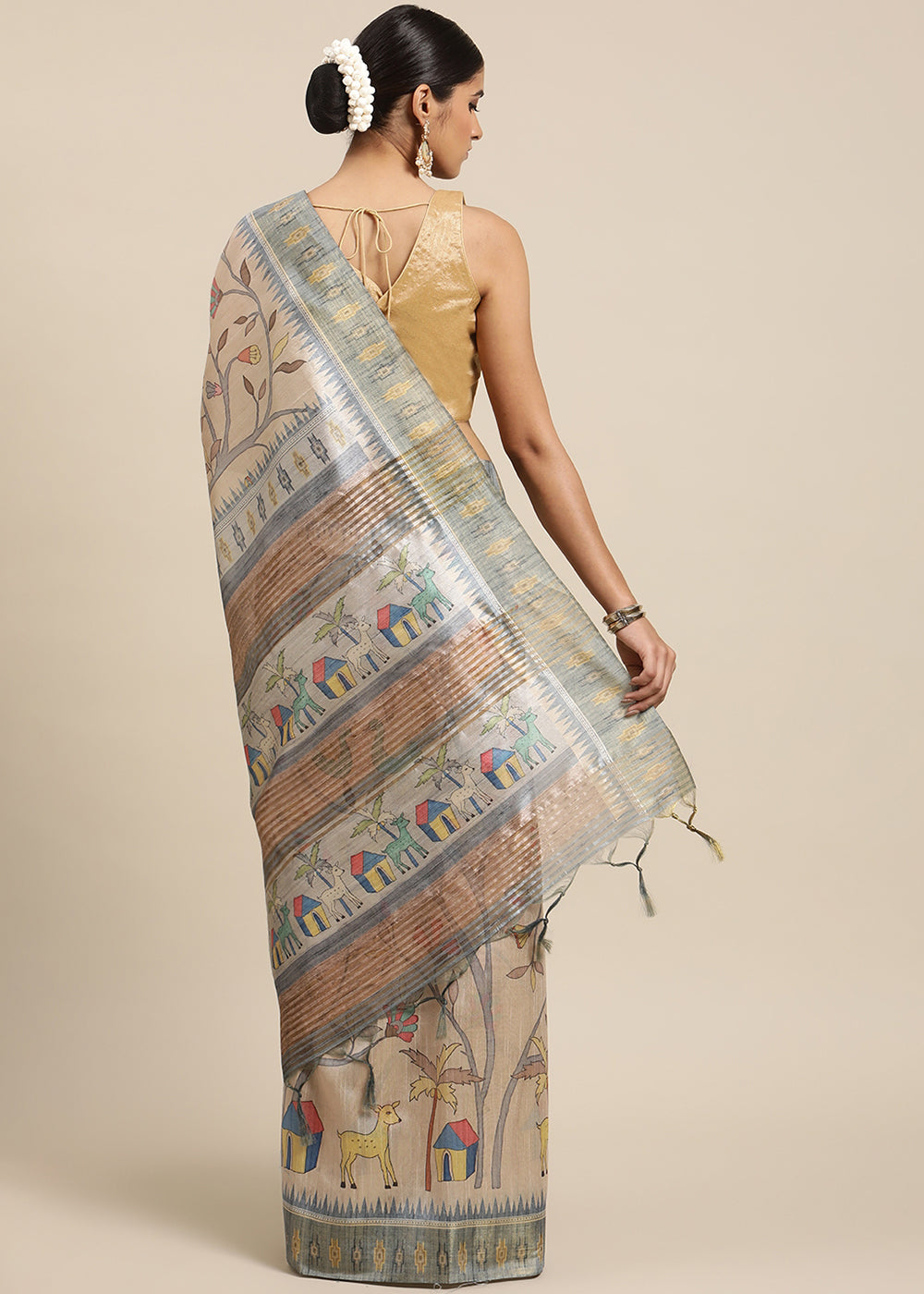 Beige Brown and Grey Soft Tussar Silk Saree with Kalamkari Art Prints