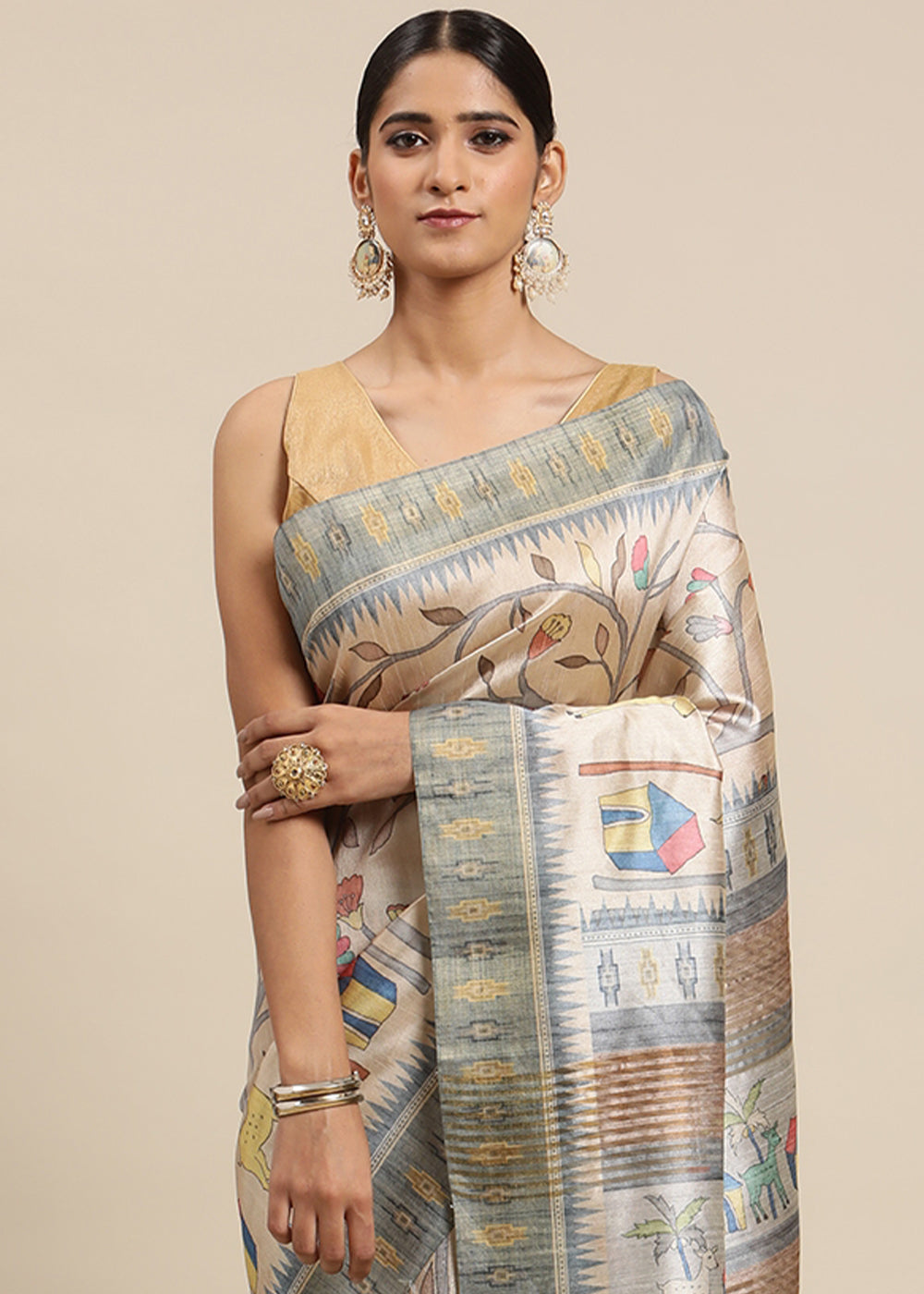 Beige Brown and Grey Soft Tussar Silk Saree with Kalamkari Art Prints