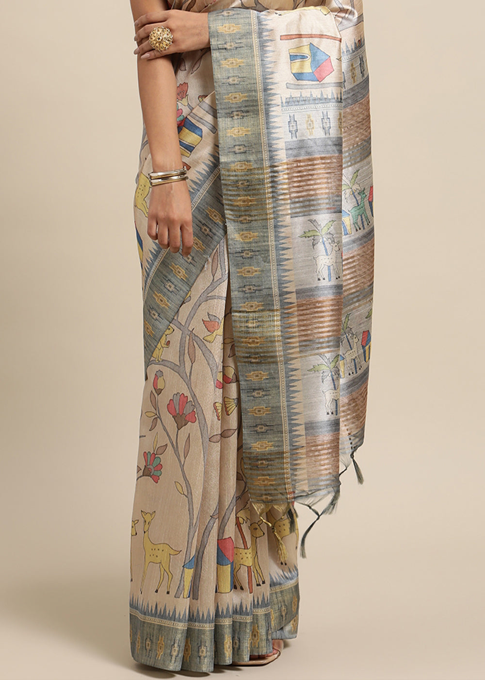 Beige Brown and Grey Soft Tussar Silk Saree with Kalamkari Art Prints