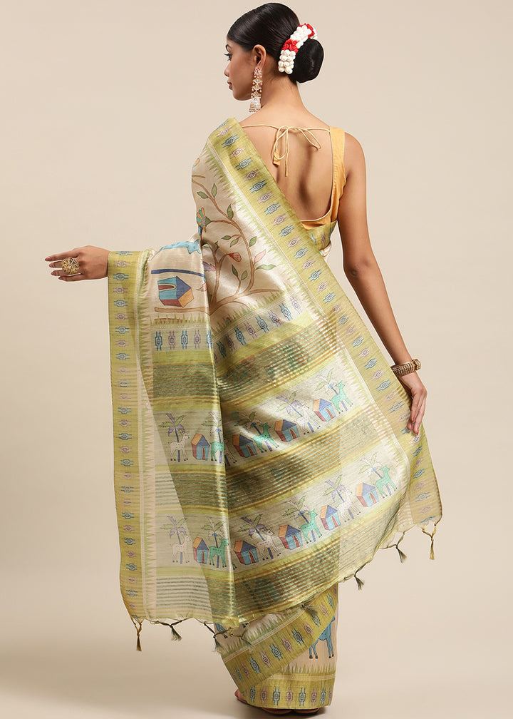 Beige Brown and Green Soft Tussar Silk Saree with Kalamkari Art Prints