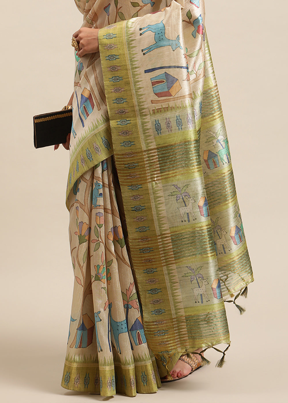 Beige Brown and Green Soft Tussar Silk Saree with Kalamkari Art Prints