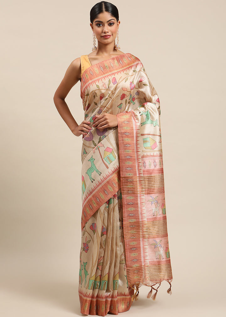 Beige Brown and Pink Soft Tussar Silk Saree with Kalamkari Art Prints