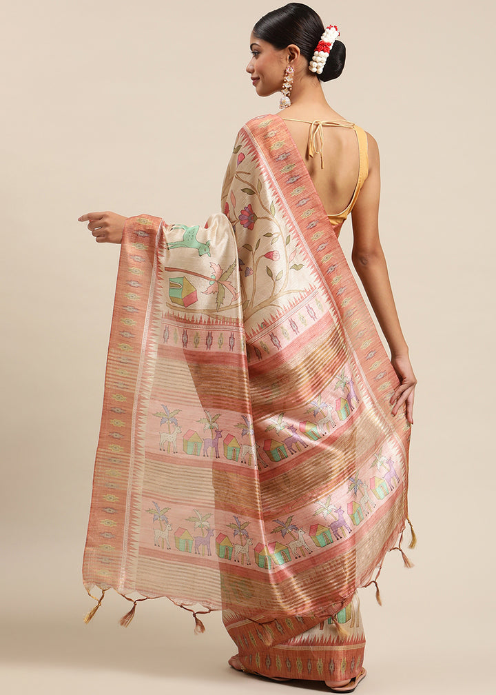 Beige Brown and Pink Soft Tussar Silk Saree with Kalamkari Art Prints