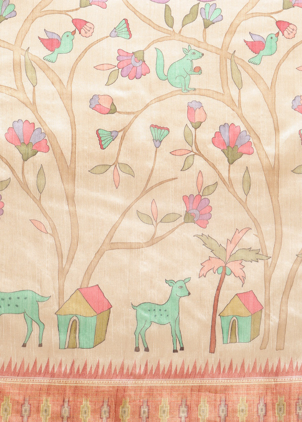 Beige Brown and Pink Soft Tussar Silk Saree with Kalamkari Art Prints